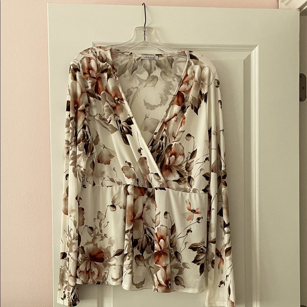 Floral Wrap Top - Cream and Brown